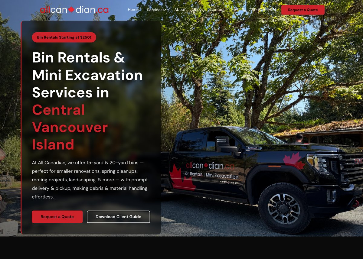 Bin rentals and excavation services website design — All Canadian, Vancouver Island